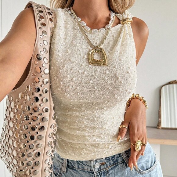 Apricot Casual Women's Round Neck Sleeveless Tank Top with Open Back Straps - Picture 5 of 7